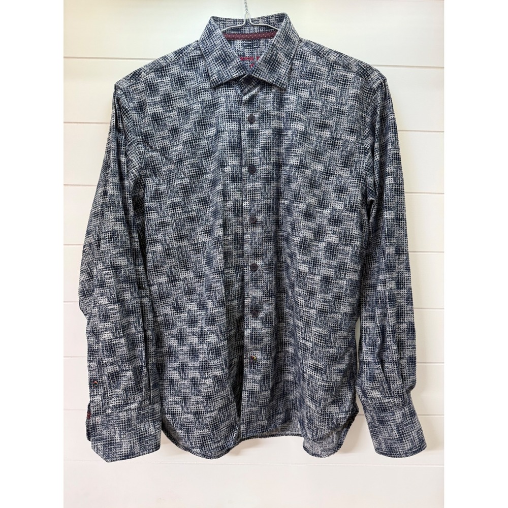 Visconti Black‎ Mens Navy White Textured Grid Geometric Button Down Shirt Size M